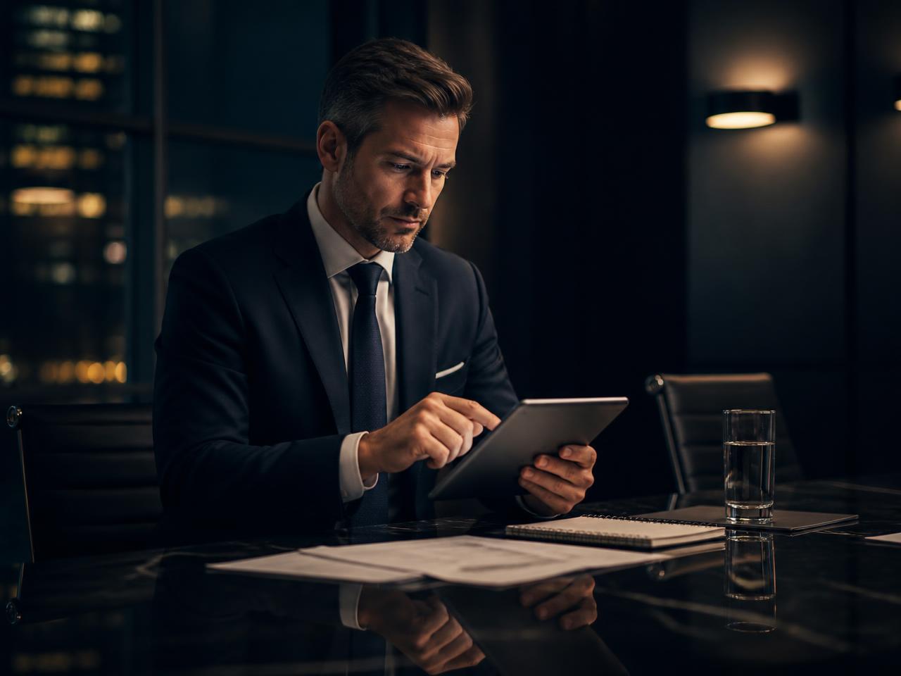 A tax lawyer reviewing a verification request at night