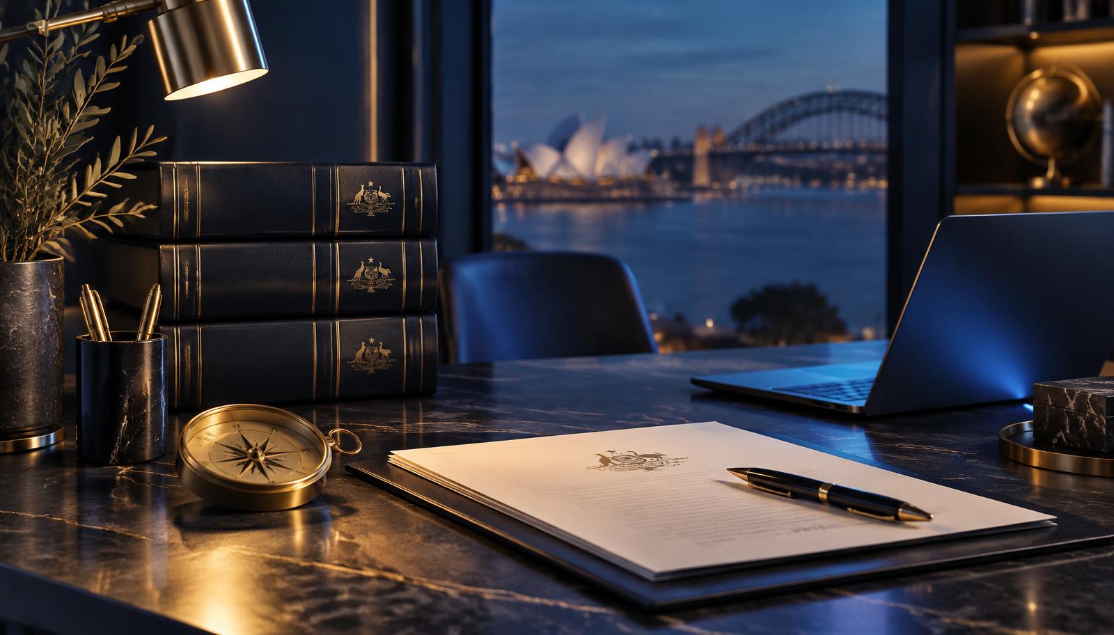 Australian tax law reference volumes, a brass compass and signed documents on a practice desk at dusk